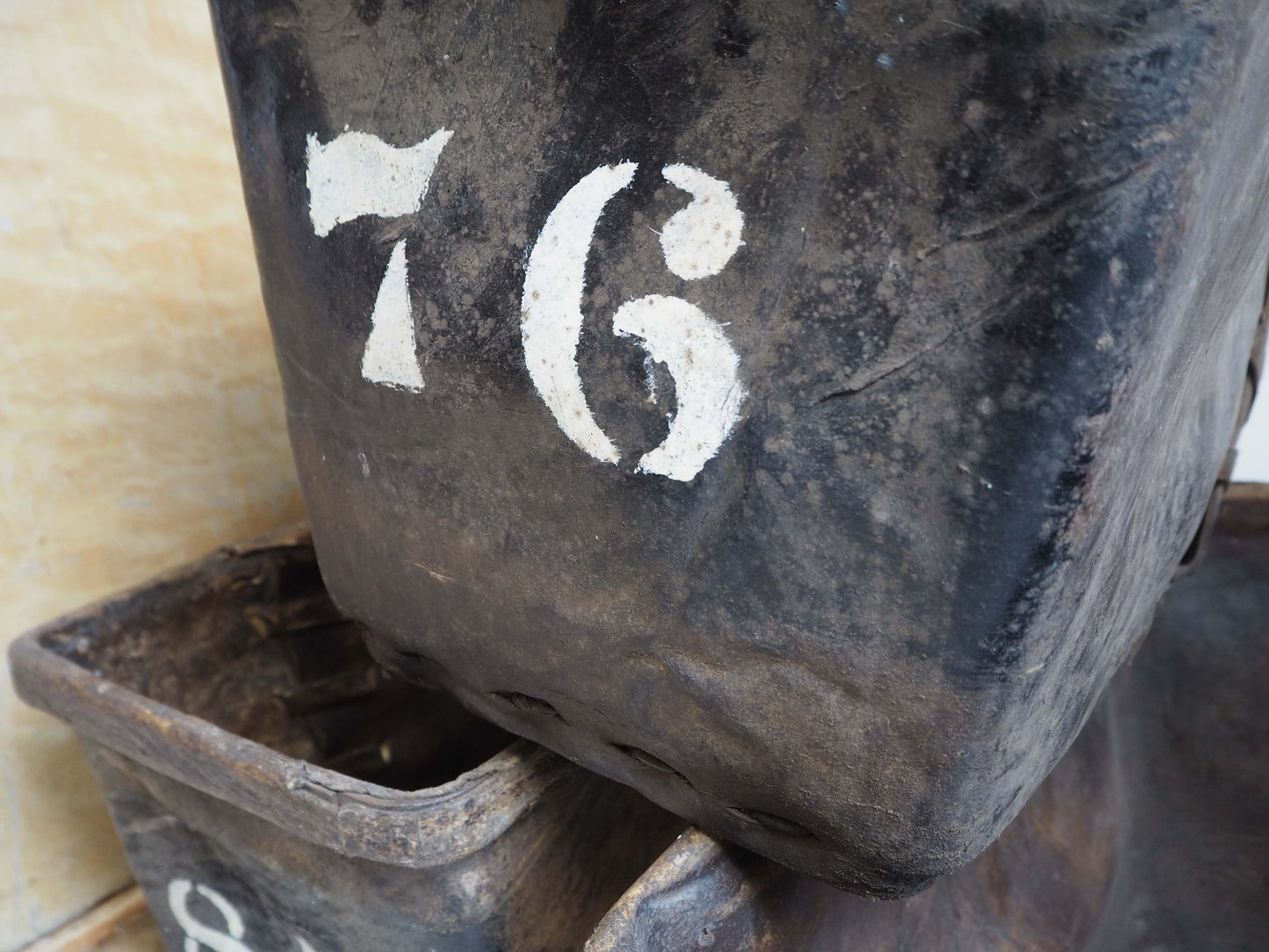 Antique Vintage 19th Century Buffalo Rawhide Mill Bucket / Industrial Factory Bin