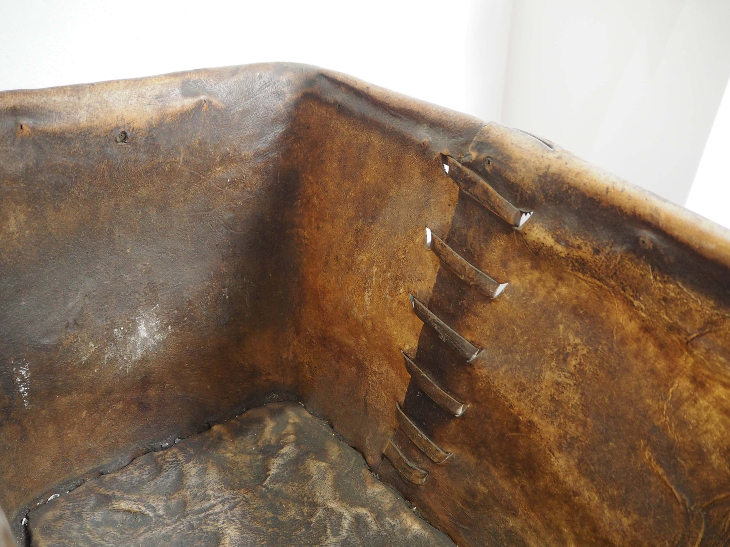 Antique Vintage 19th Century Buffalo Rawhide Mill Bucket / Industrial Factory Bin