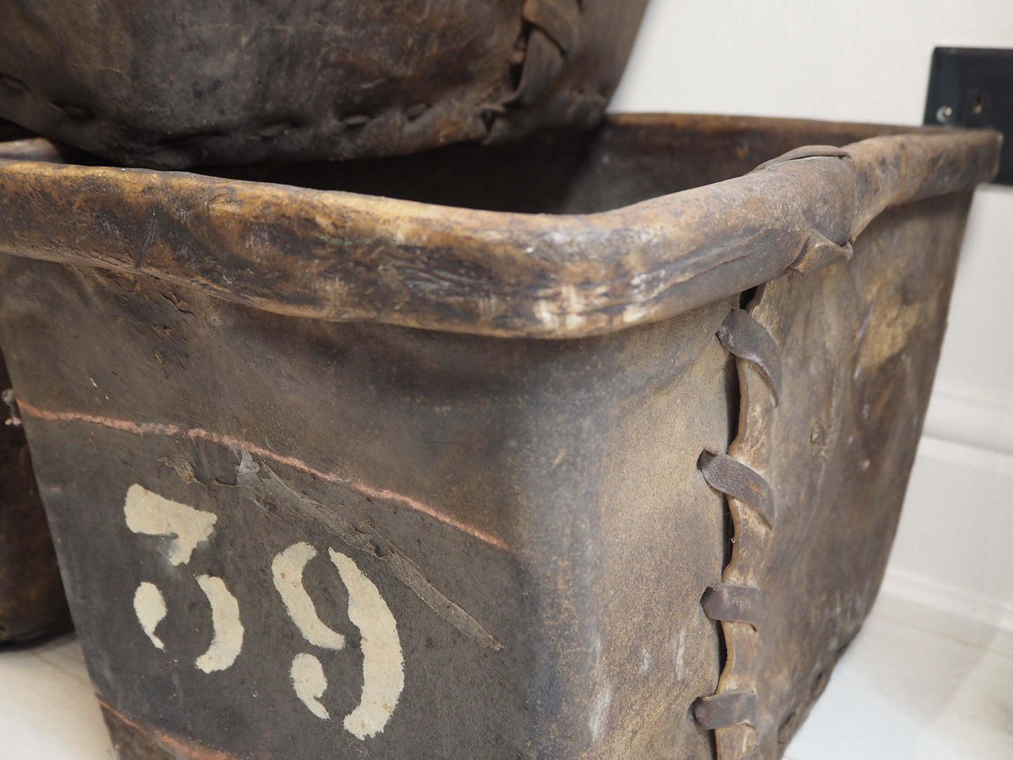 Antique Vintage 19th Century Buffalo Rawhide Mill Bucket / Industrial Factory Bin