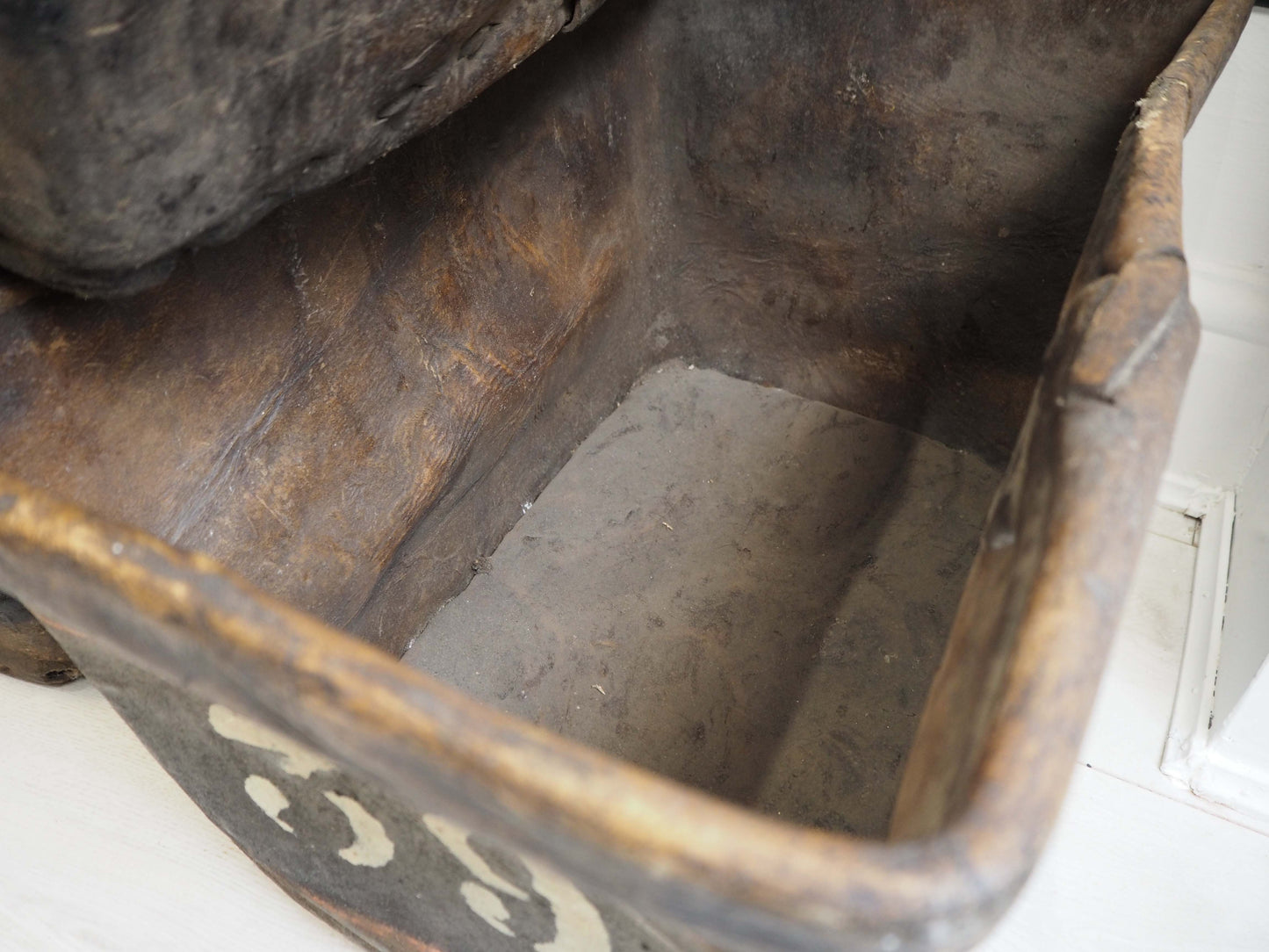 Antique Vintage 19th Century Buffalo Rawhide Mill Bucket / Industrial Factory Bin