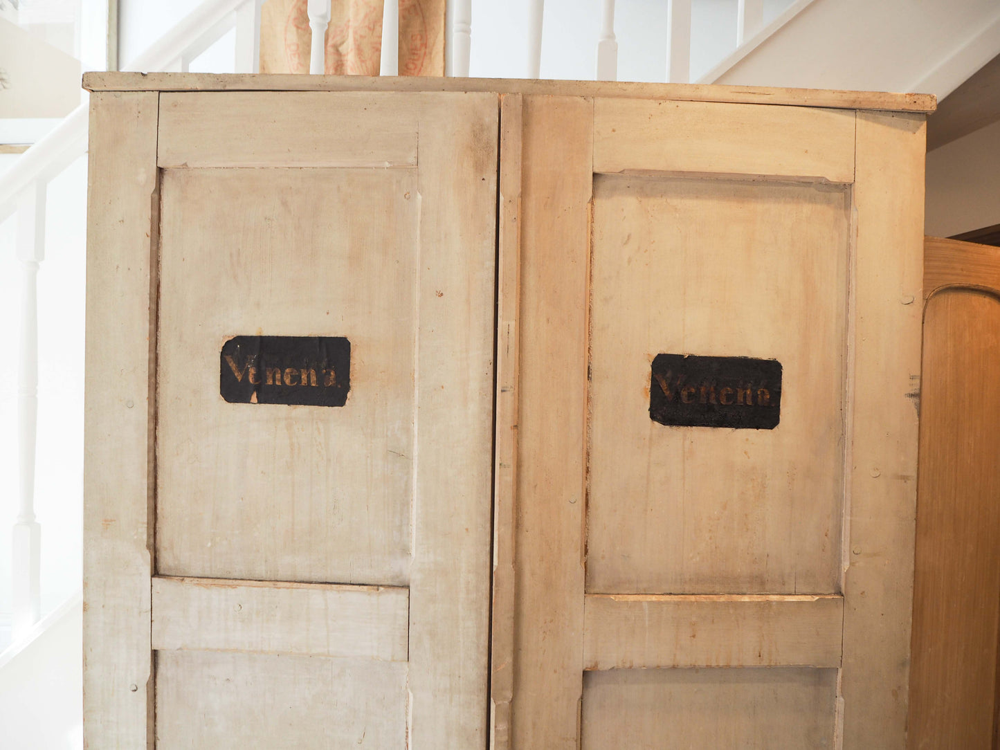 Antique Vintage French Apothecary Painted Pine Cabinet with Original Labels / 19th-Century Furniture