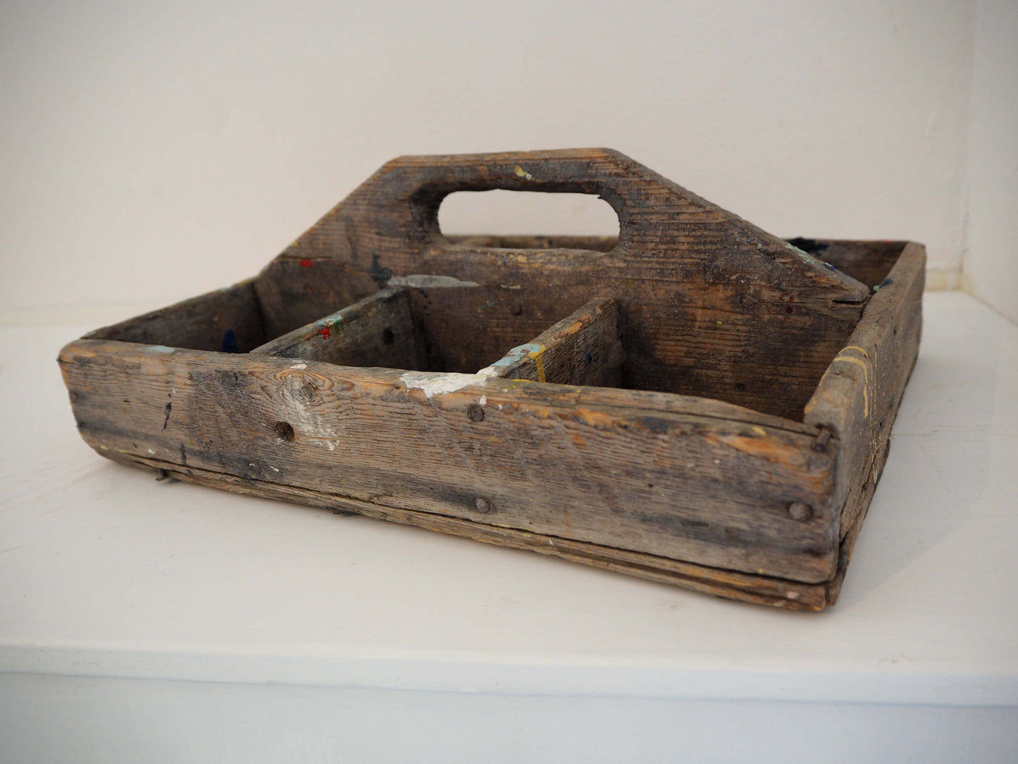 Antique Vintage Wooden Rustic Artist's Tool Trug / Kitchen Caddy With Handle