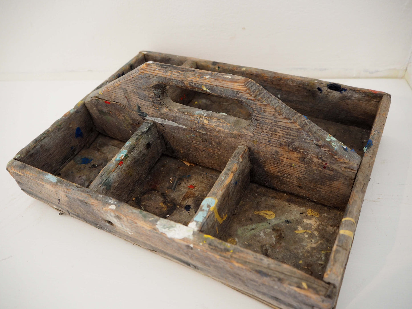 Antique Vintage Wooden Rustic Artist's Tool Trug / Kitchen Caddy With Handle