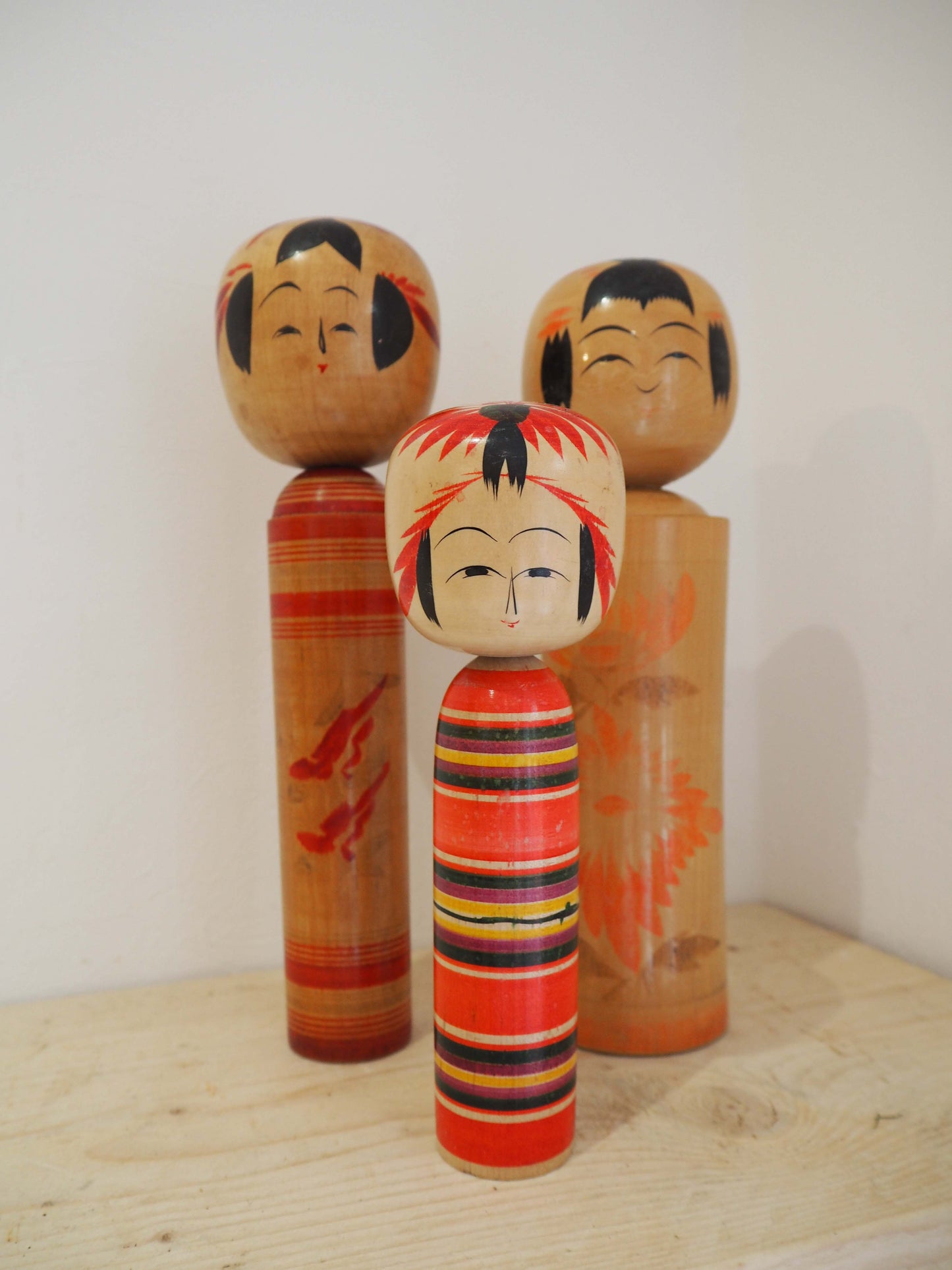 Vintage Antique Wooden Hand-Painted Mid-Century Japanese Kokeshi Dolls