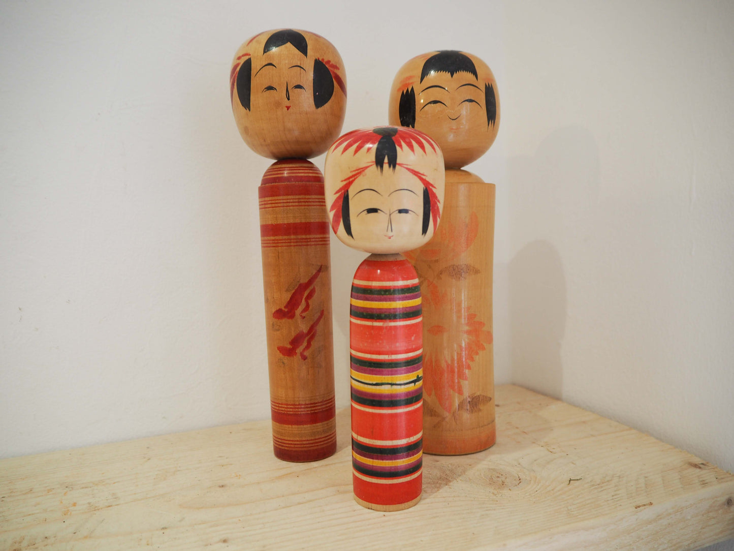 Vintage Antique Wooden Hand-Painted Mid-Century Japanese Kokeshi Dolls
