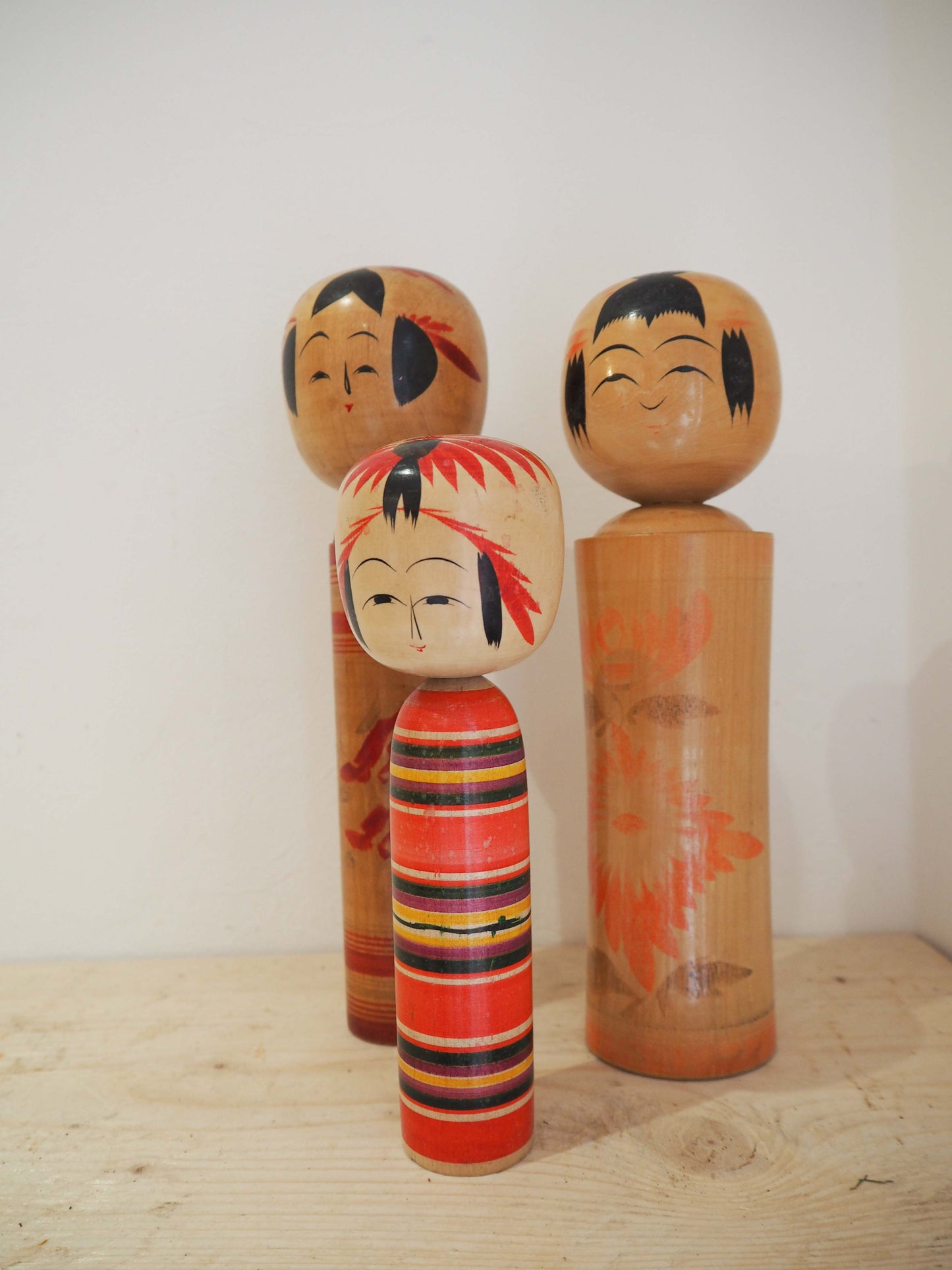 Vintage Antique Wooden Hand-Painted Mid-Century Japanese Kokeshi Dolls