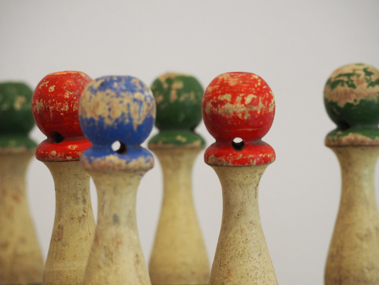 Vintage Antique French Set of Painted Wooden Skittles / French Bowling Game With 9 Pins