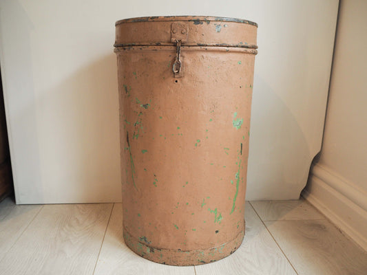 Vintage Large Pink Painted Metal Vintage Indian Rice Storage Drum / Bin / Laundry Basket - Early 20th Century