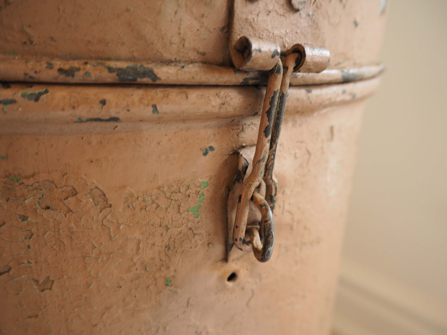 Vintage Large Pink Painted Metal Vintage Indian Rice Storage Drum / Bin / Laundry Basket - Early 20th Century