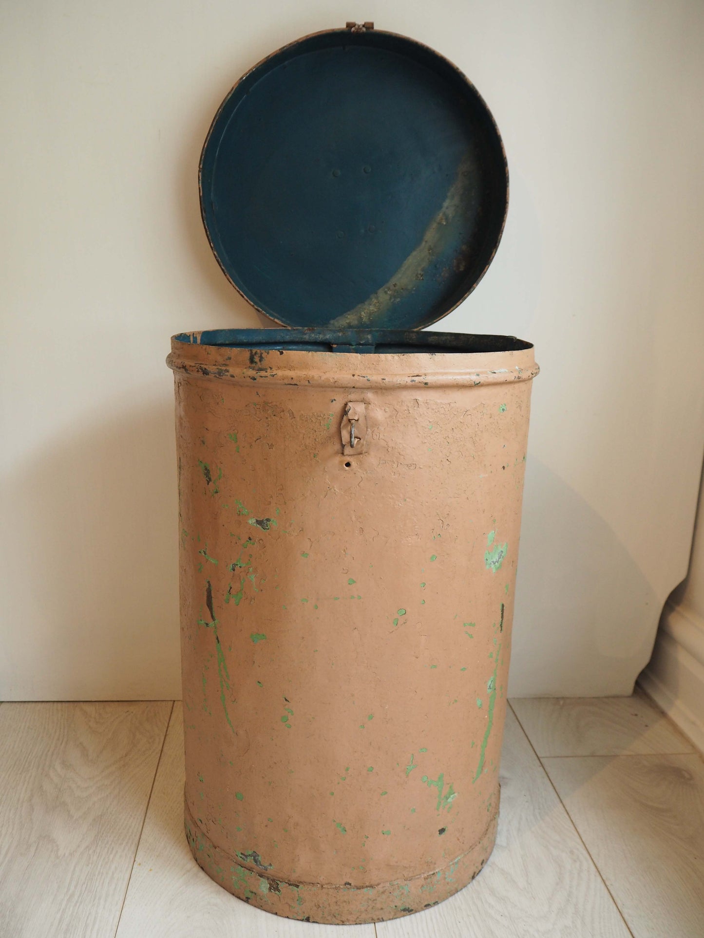 Vintage Large Pink Painted Metal Vintage Indian Rice Storage Drum / Bin / Laundry Basket - Early 20th Century