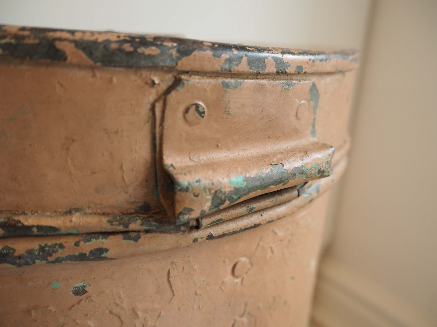 Vintage Large Pink Painted Metal Vintage Indian Rice Storage Drum / Bin / Laundry Basket - Early 20th Century