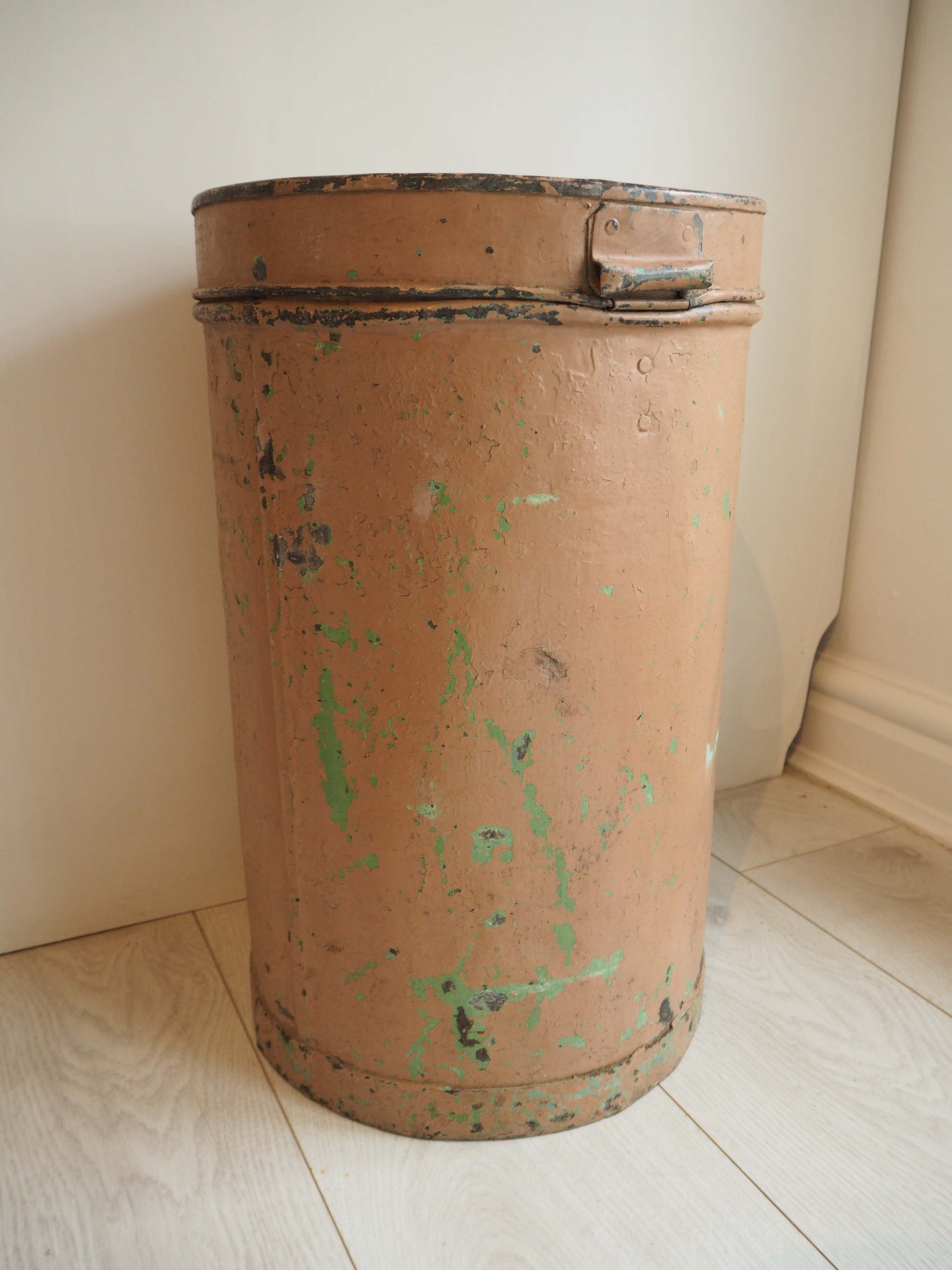 Vintage Large Pink Painted Metal Vintage Indian Rice Storage Drum / Bin / Laundry Basket - Early 20th Century