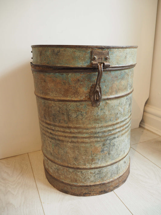 Vintage Green Blue Painted Metal Vintage Indian Rice Storage Drum / Bin / Laundry Basket - Early 20th Century