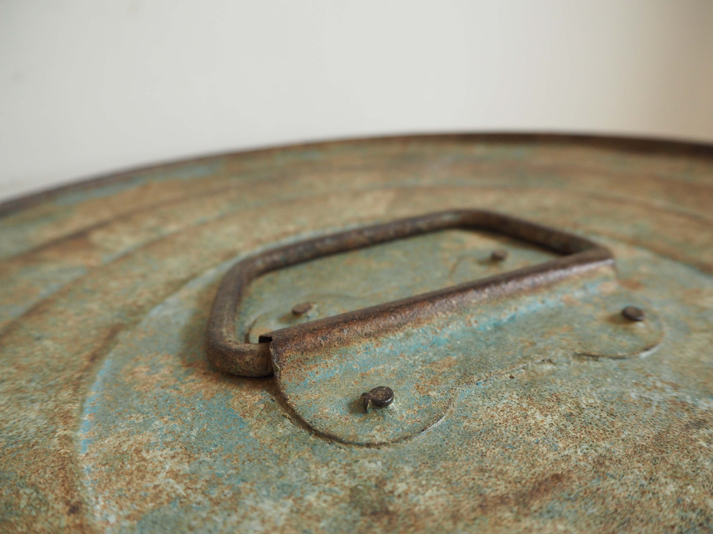 Vintage Green Blue Painted Metal Vintage Indian Rice Storage Drum / Bin / Laundry Basket - Early 20th Century