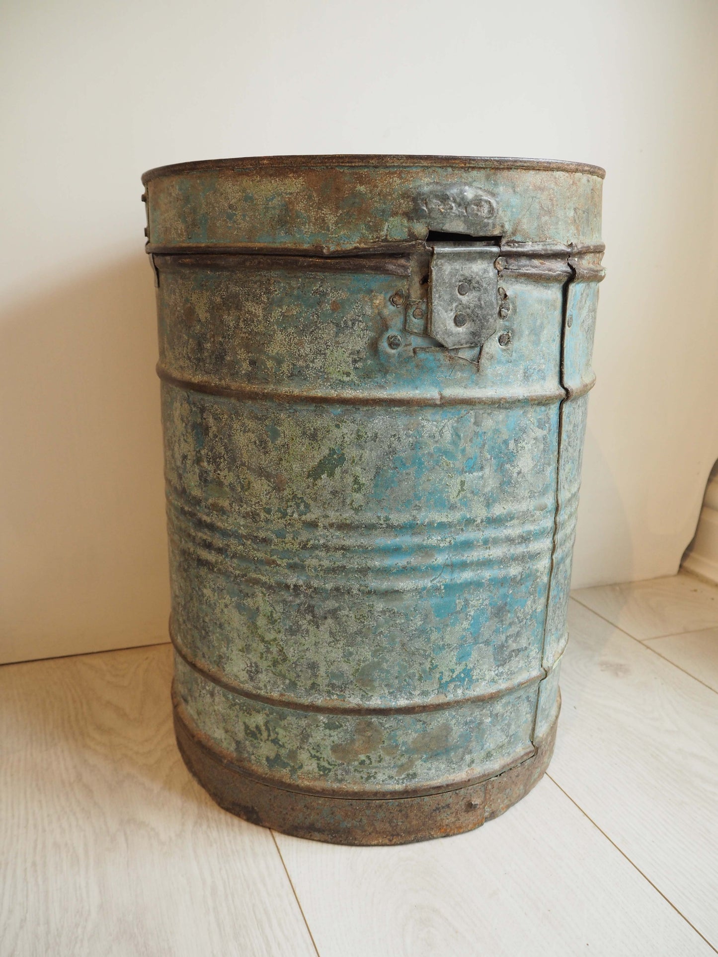 Vintage Green Blue Painted Metal Vintage Indian Rice Storage Drum / Bin / Laundry Basket - Early 20th Century