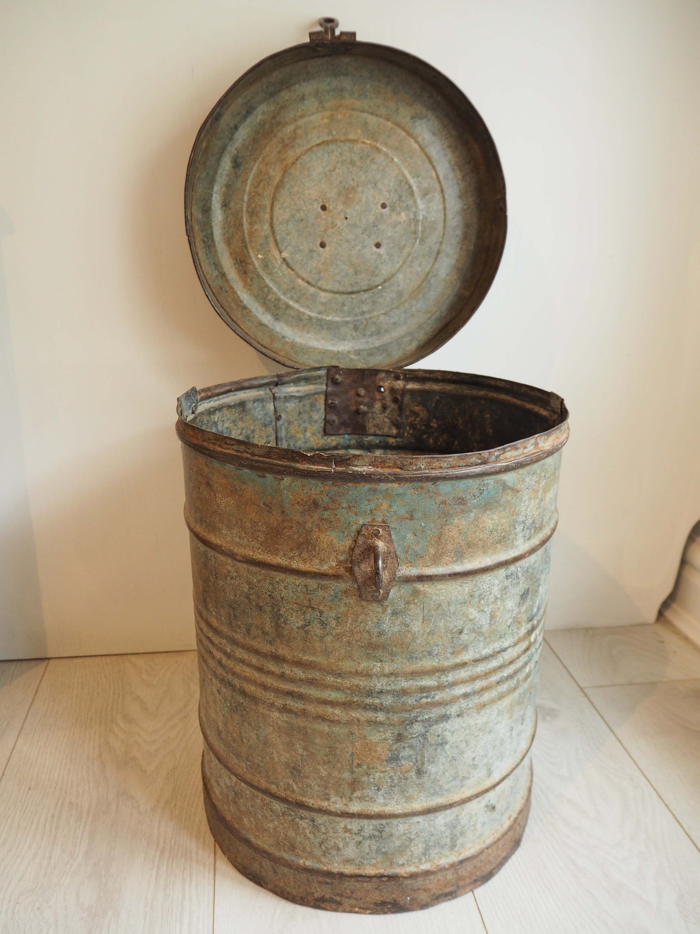 Vintage Green Blue Painted Metal Vintage Indian Rice Storage Drum / Bin / Laundry Basket - Early 20th Century