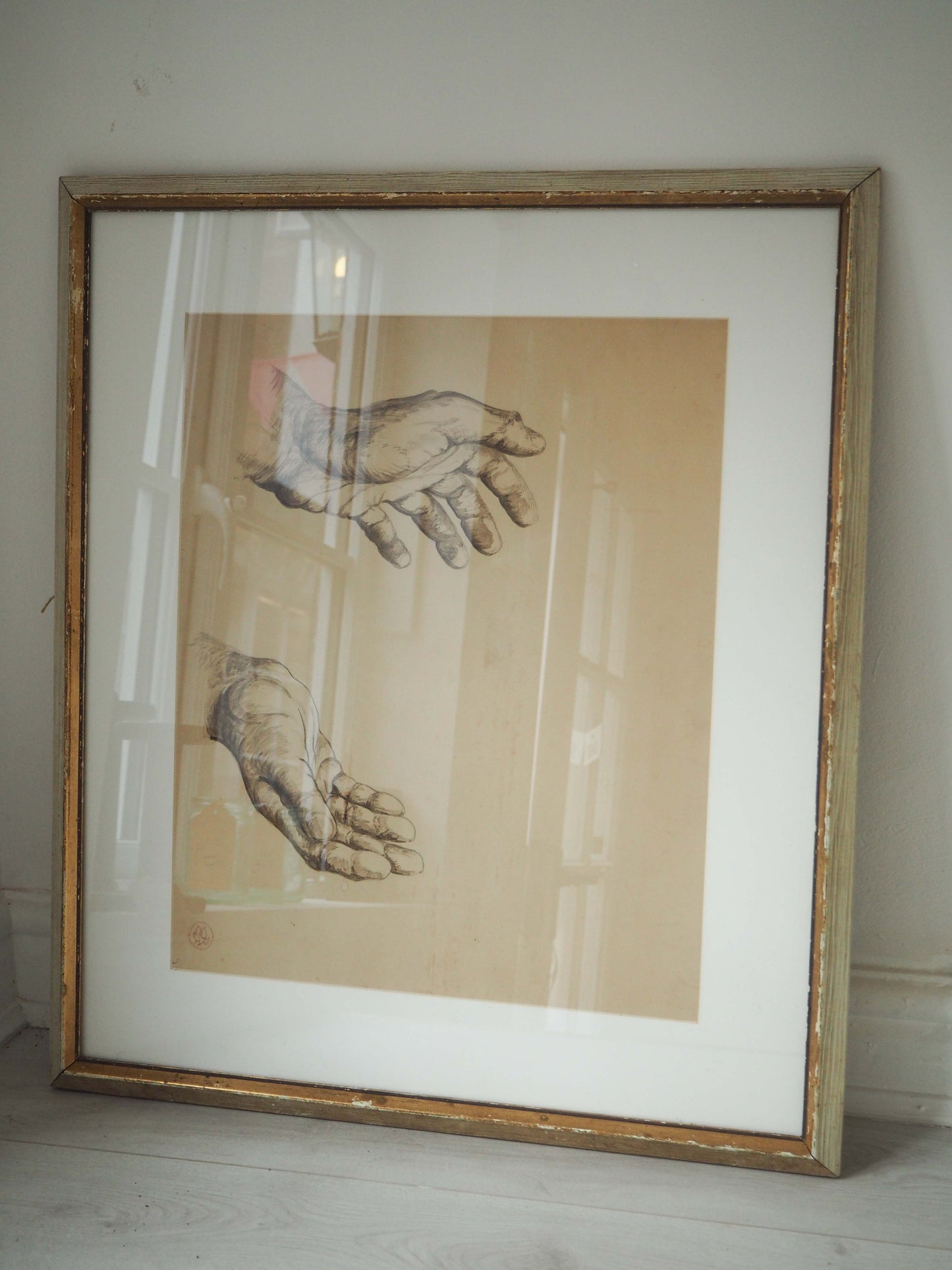 Vintage 1980s Framed Original Sketch of Two Hands / Figurative Art