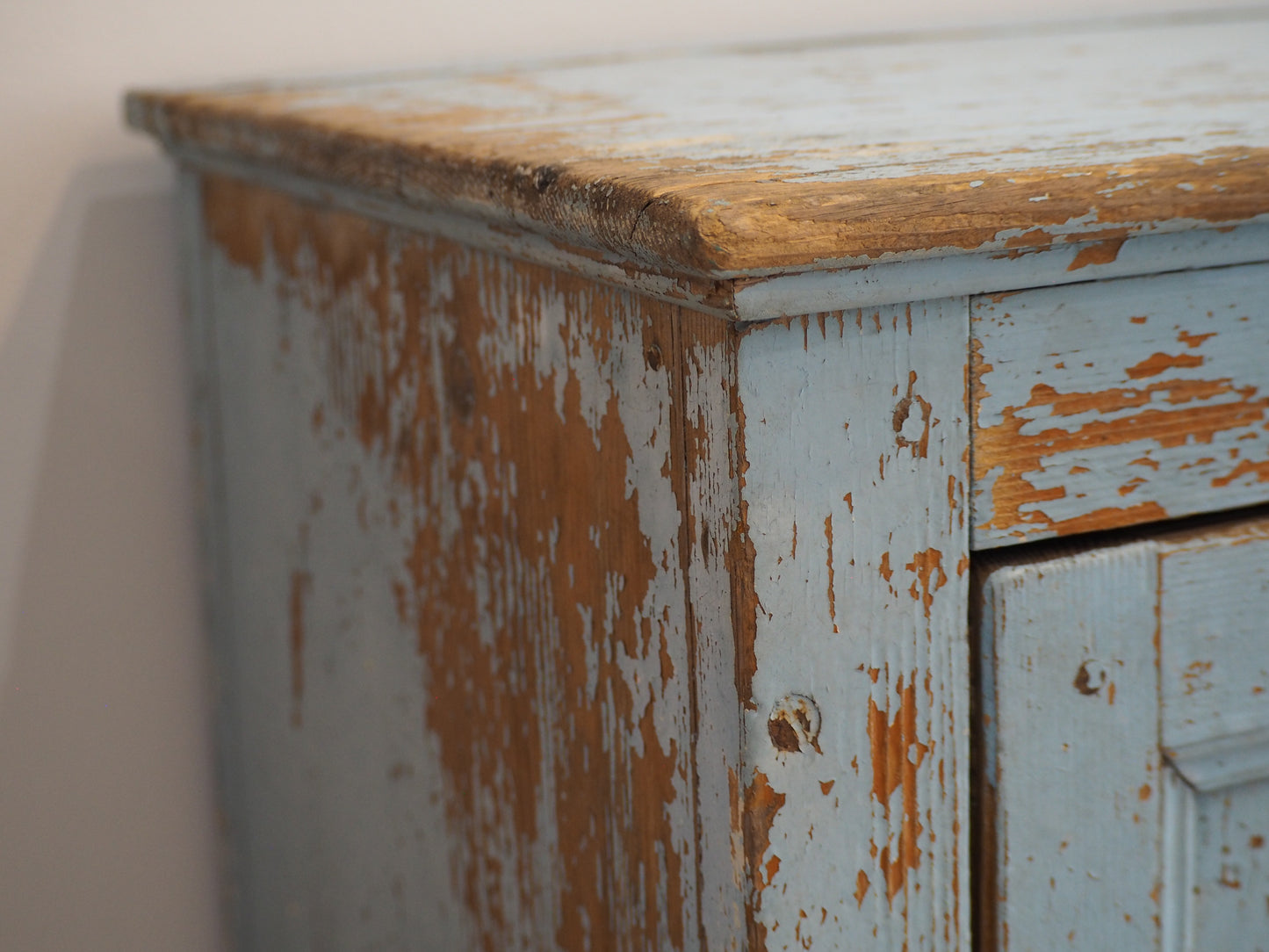 Vintage French Rustic Distressed Blue Painted Pine Cupboard / Pantry Cabinet