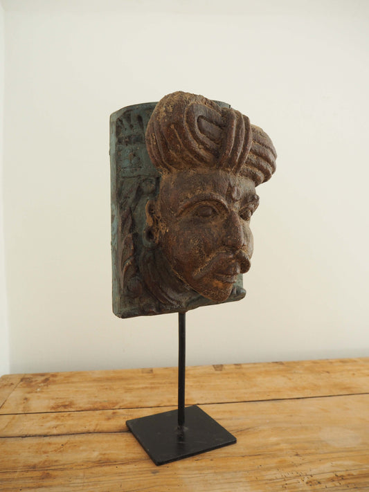 Antique Indian Hand-Carved Architectural Gujarati Head on Stand / Male Sculpture