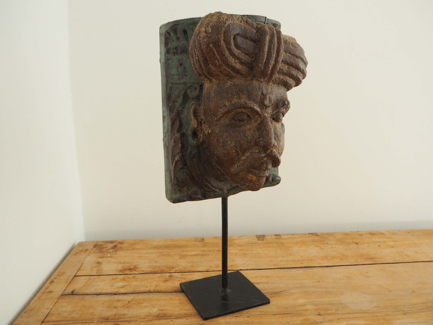 Antique Indian Hand-Carved Architectural Gujarati Head on Stand / Male Sculpture