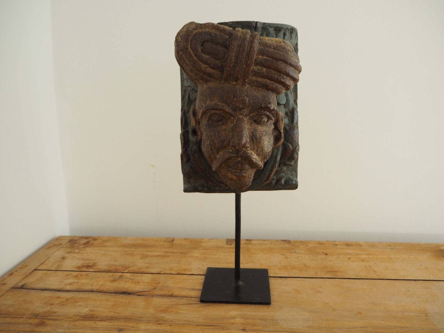 Antique Indian Hand-Carved Architectural Gujarati Head on Stand / Male Sculpture