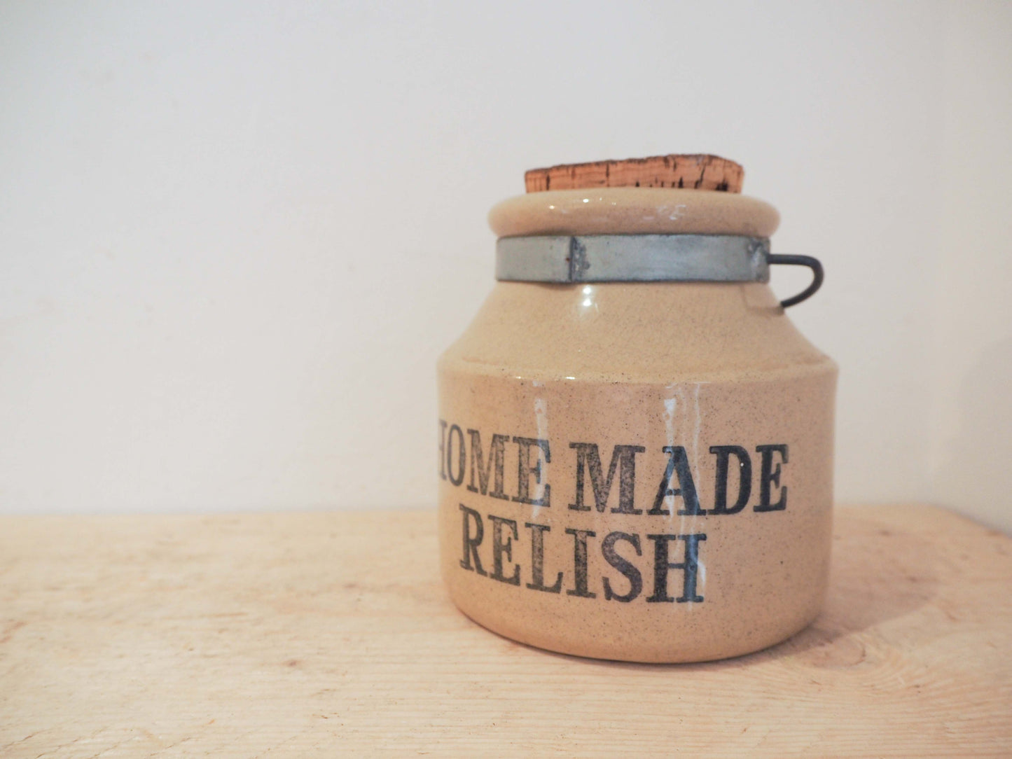 Vintage Homemade Relish Stoneware Pot With Cork Stopper / Kitchen Decor