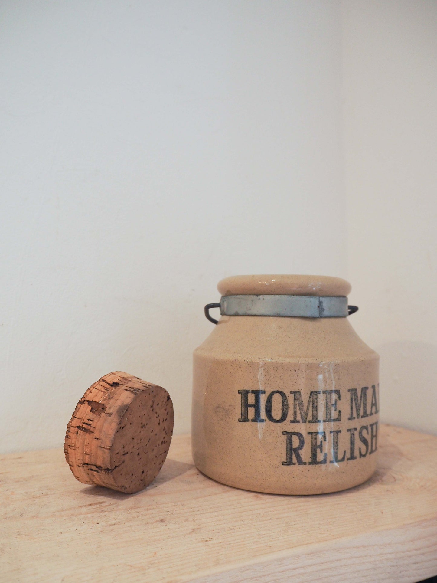 Vintage Homemade Relish Stoneware Pot With Cork Stopper / Kitchen Decor