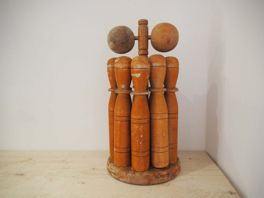 Vintage Antique Early 20th-Century English Wooden Skittle Set