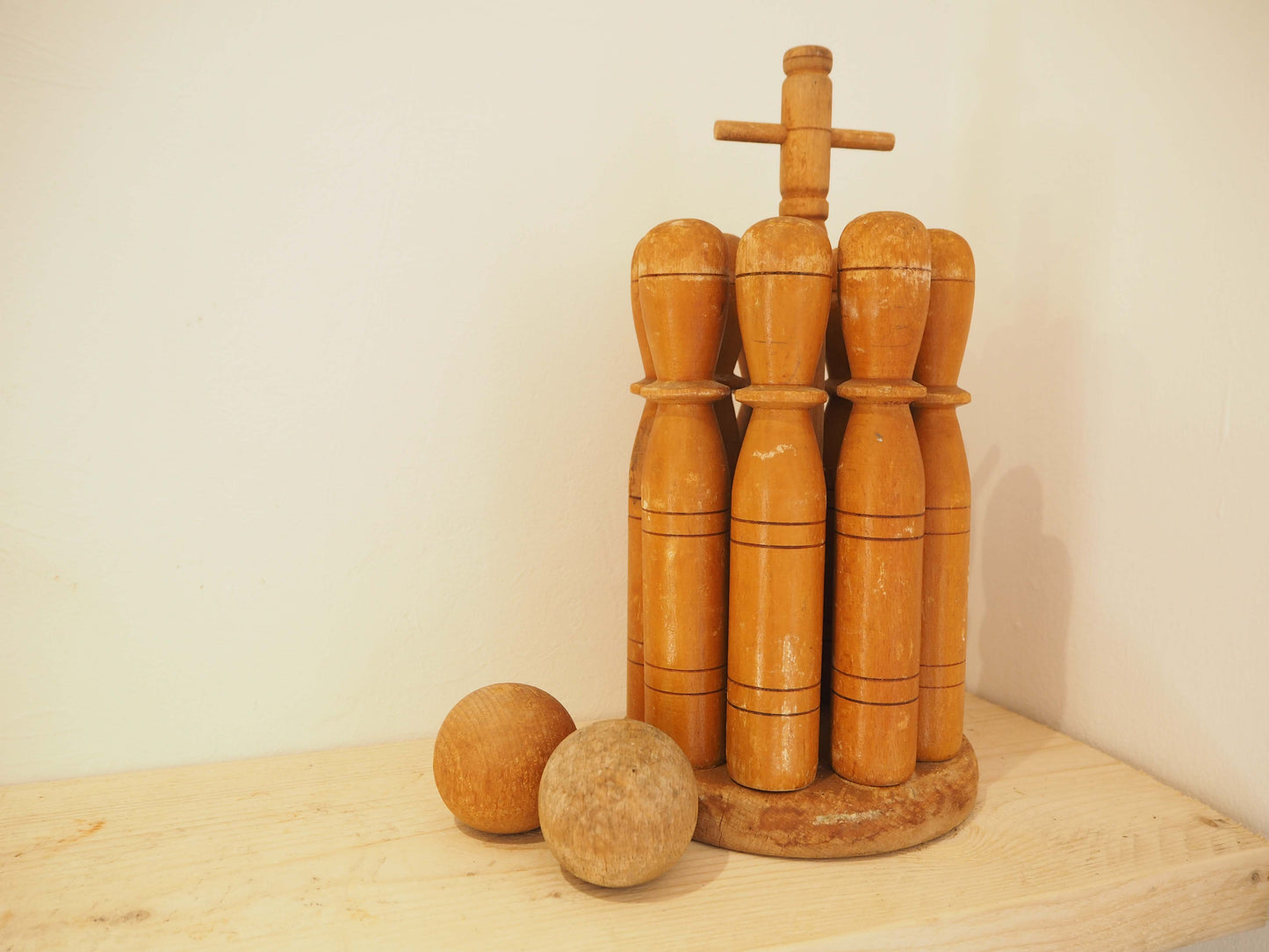 Vintage Antique Early 20th-Century English Wooden Skittle Set