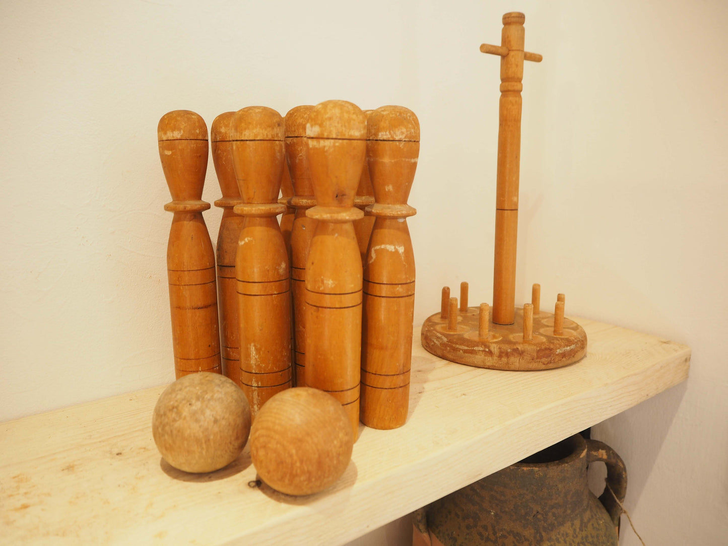 Vintage Antique Early 20th-Century English Wooden Skittle Set
