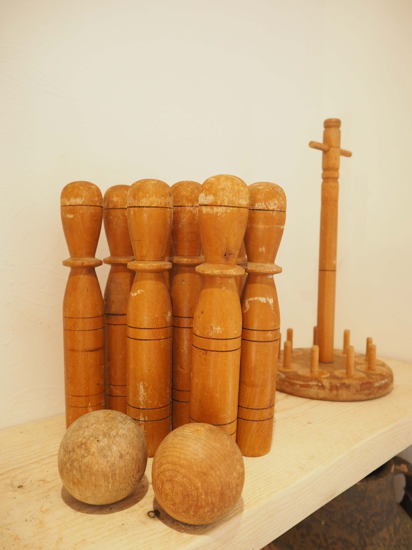 Vintage Antique Early 20th-Century English Wooden Skittle Set
