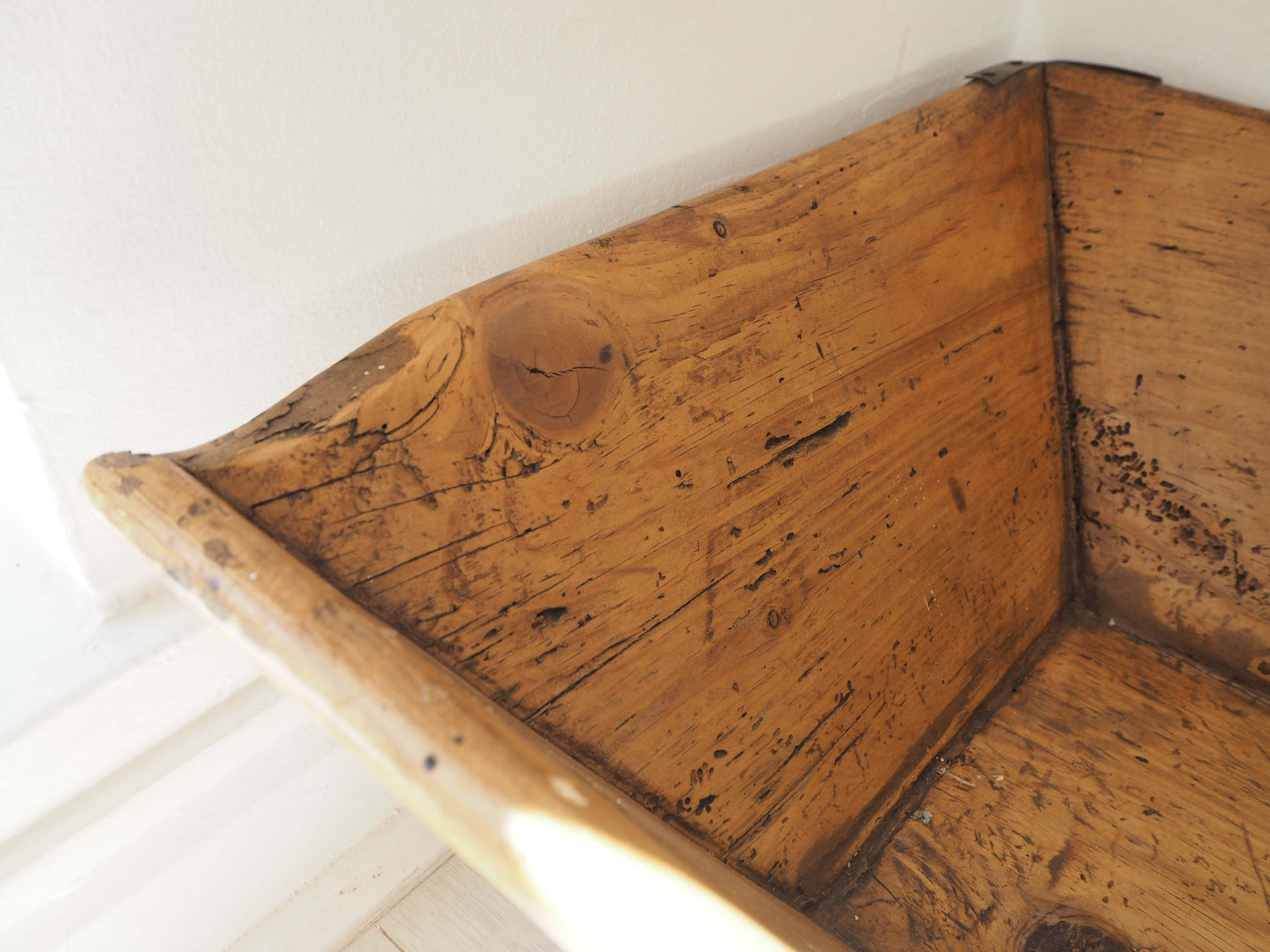 Wooden Rustic Antique Rectangular Dough Trough with Metal Detailing / Farmhouse Kitchen Storage
