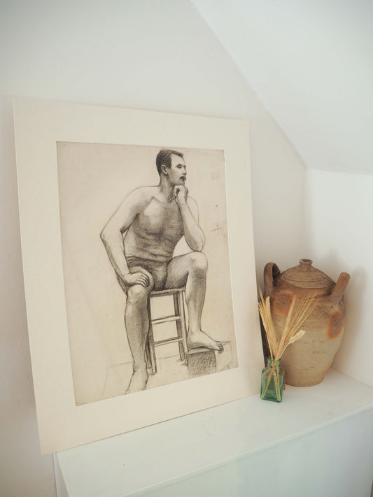 Vintage Antique Large French Original Nude Life Drawing / Charcoal Sketch (Unknown Artist)