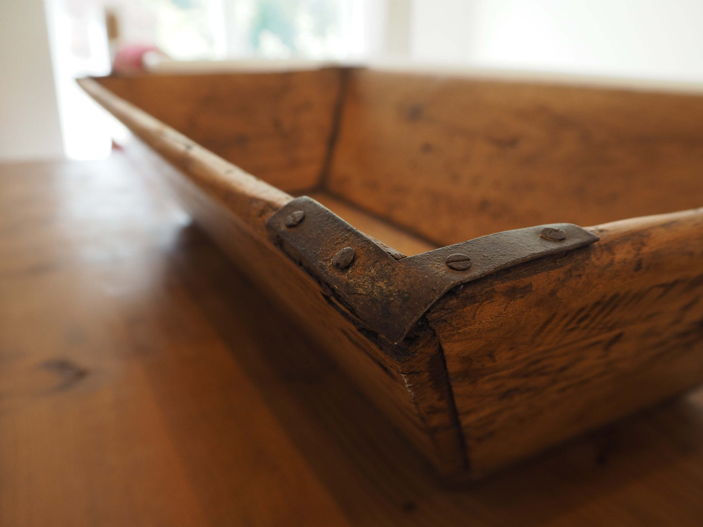 Wooden Rustic Antique Rectangular Dough Trough with Metal Detailing / Farmhouse Kitchen Storage
