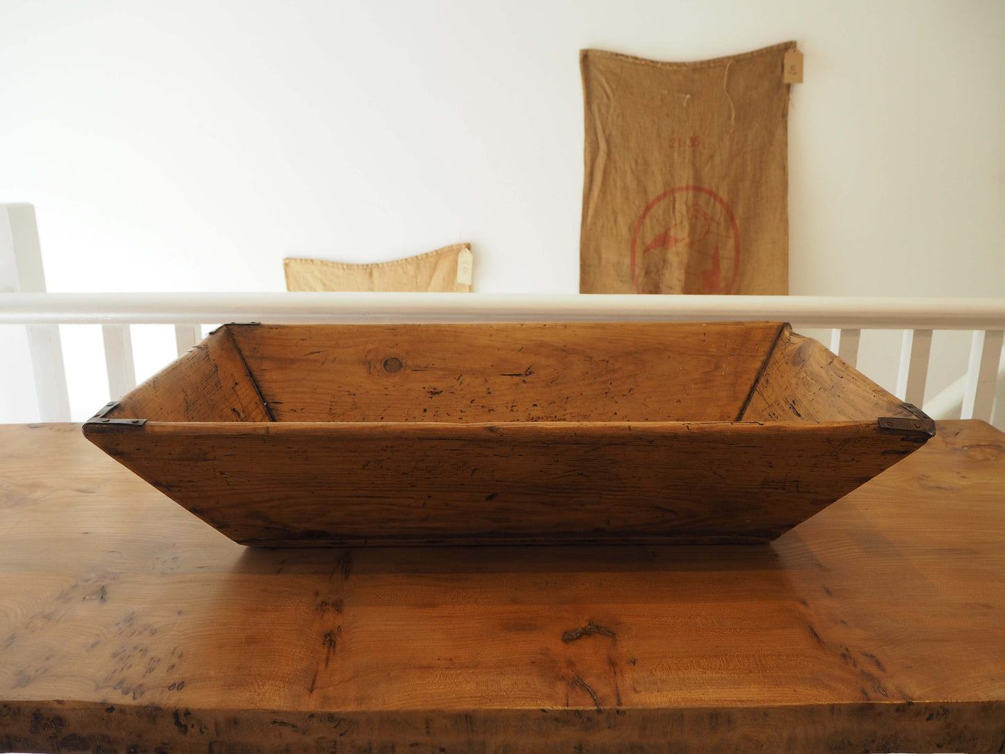 Wooden Rustic Antique Rectangular Dough Trough with Metal Detailing / Farmhouse Kitchen Storage