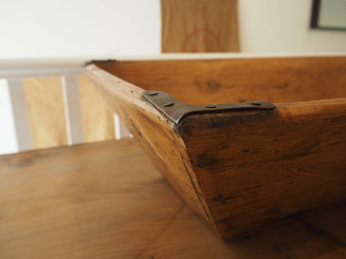 Wooden Rustic Antique Rectangular Dough Trough with Metal Detailing / Farmhouse Kitchen Storage