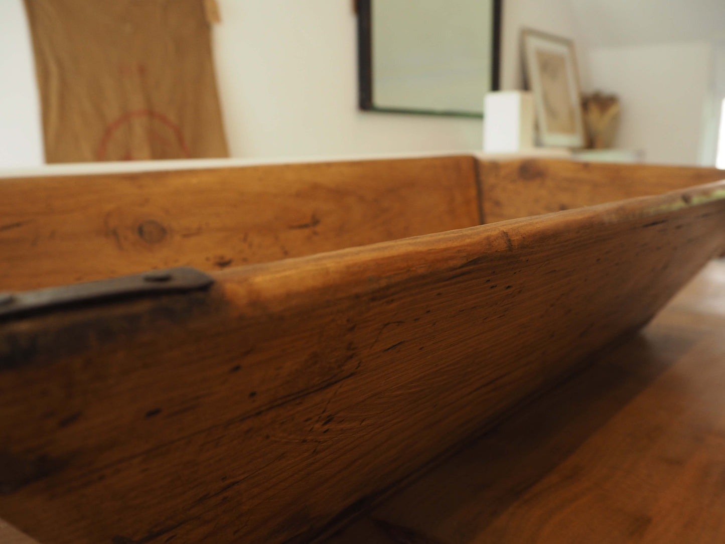 Wooden Rustic Antique Rectangular Dough Trough with Metal Detailing / Farmhouse Kitchen Storage