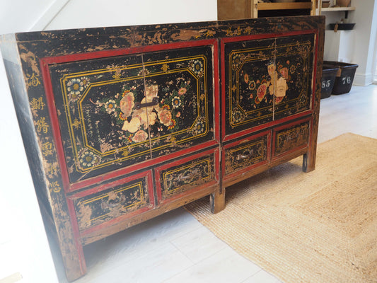 Antique Chinese 19th-Century Hand-Painted Elm Chest / Storage Cupboard
