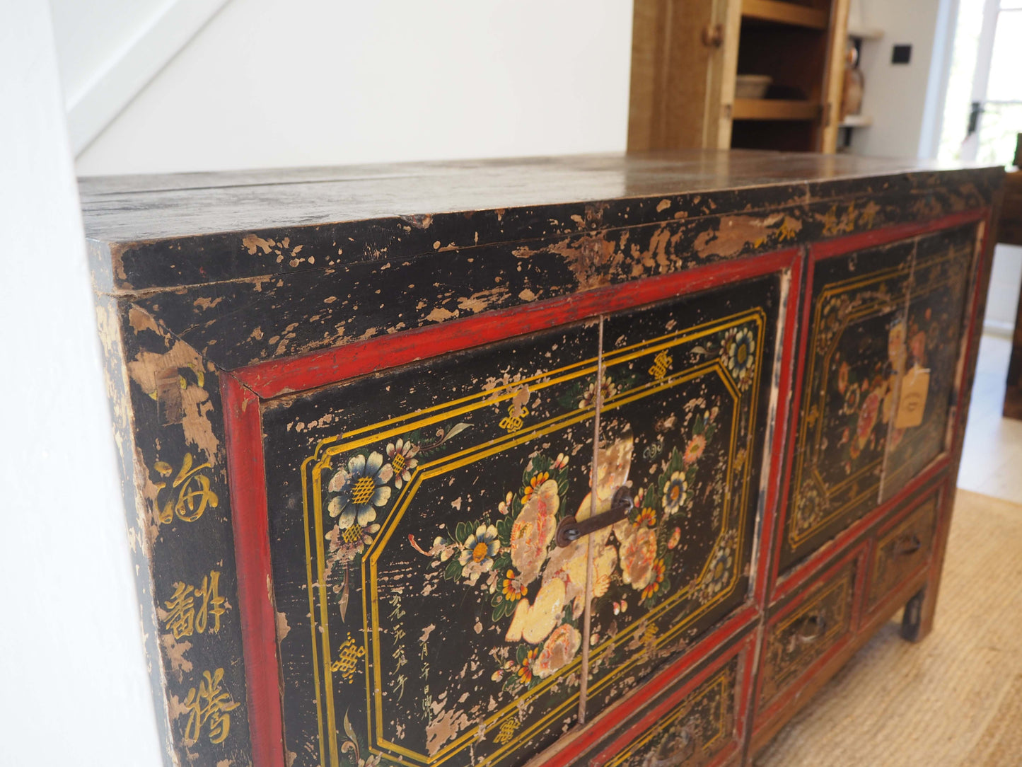 Antique Chinese 19th-Century Hand-Painted Elm Chest / Storage Cupboard