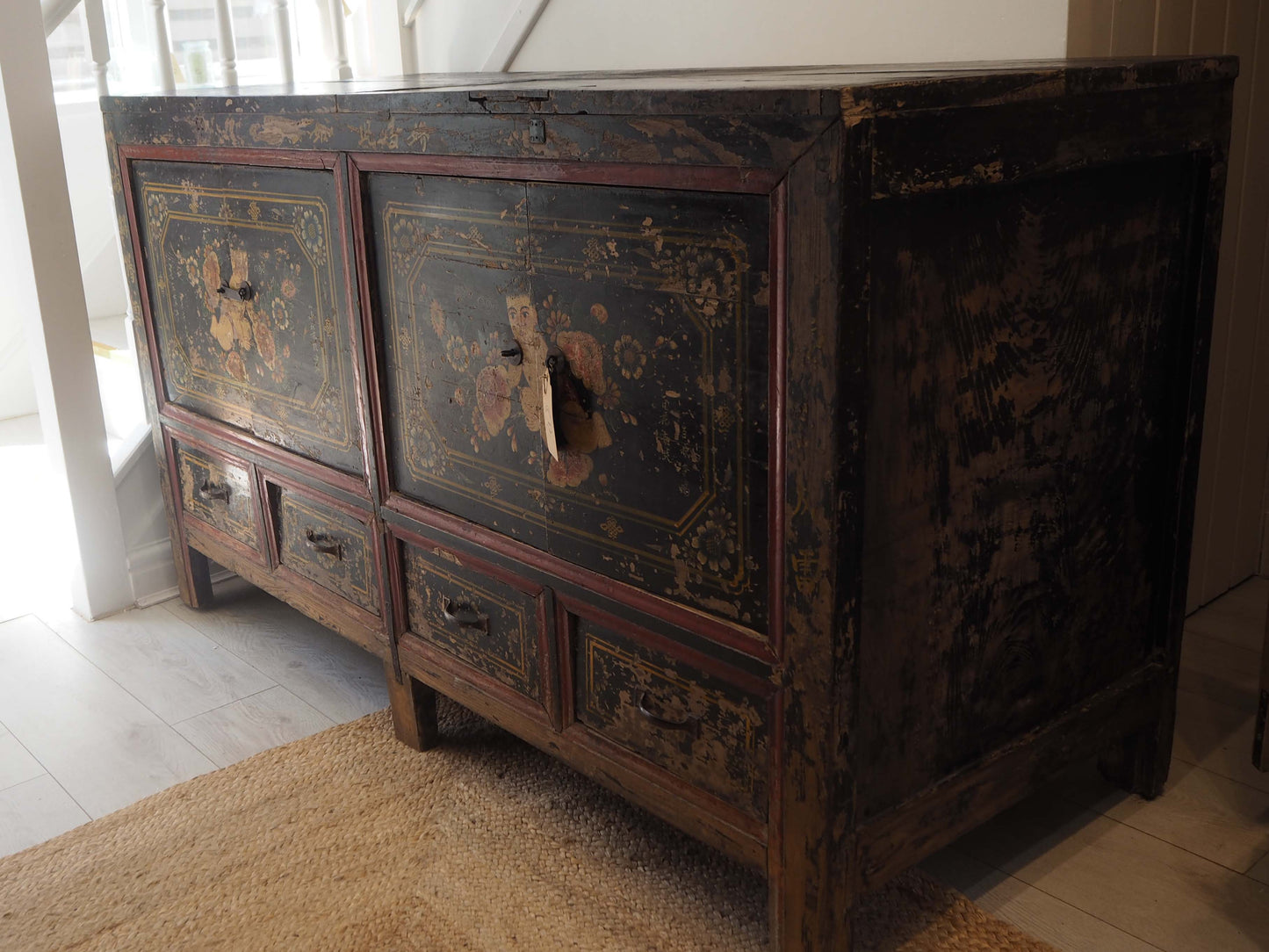 Antique Chinese 19th-Century Hand-Painted Elm Chest / Storage Cupboard