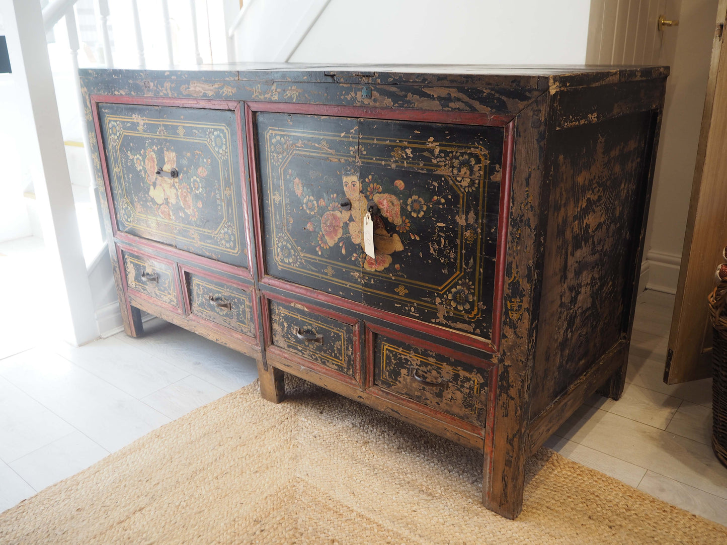 Antique Chinese 19th-Century Hand-Painted Elm Chest / Storage Cupboard