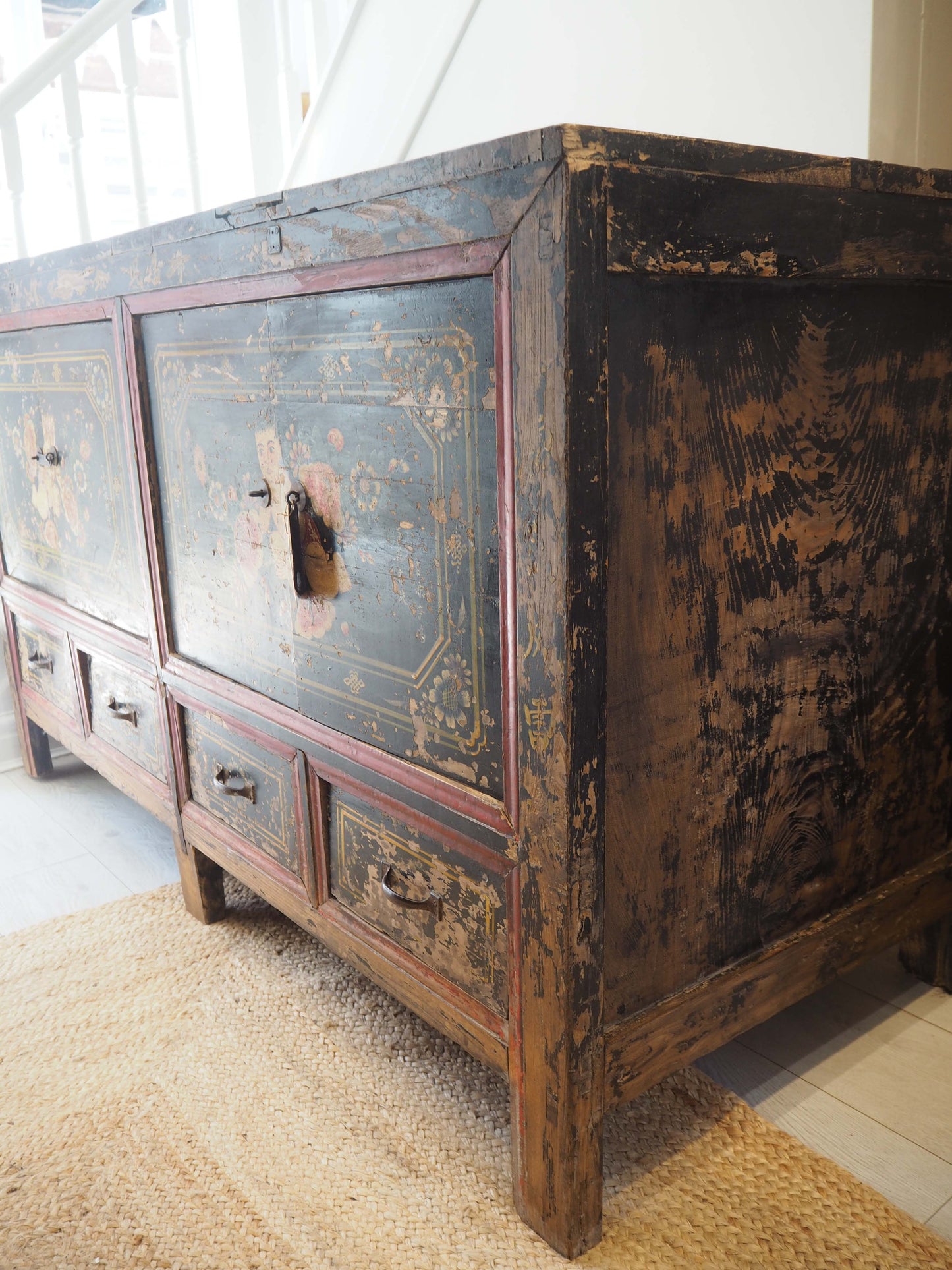 Antique Chinese 19th-Century Hand-Painted Elm Chest / Storage Cupboard