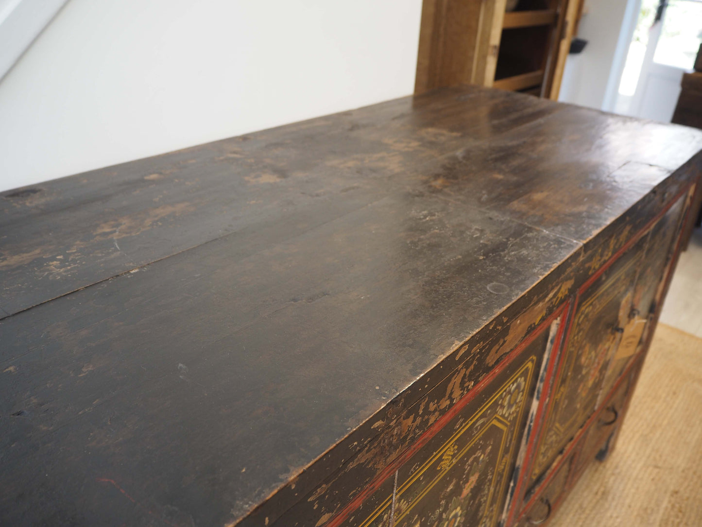 Antique Chinese 19th-Century Hand-Painted Elm Chest / Storage Cupboard