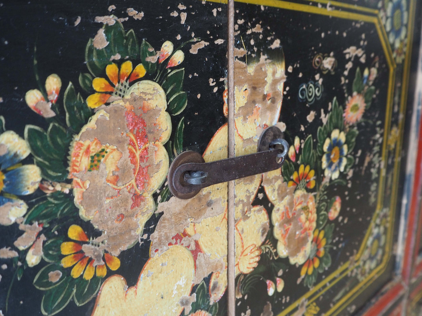 Antique Chinese 19th-Century Hand-Painted Elm Chest / Storage Cupboard