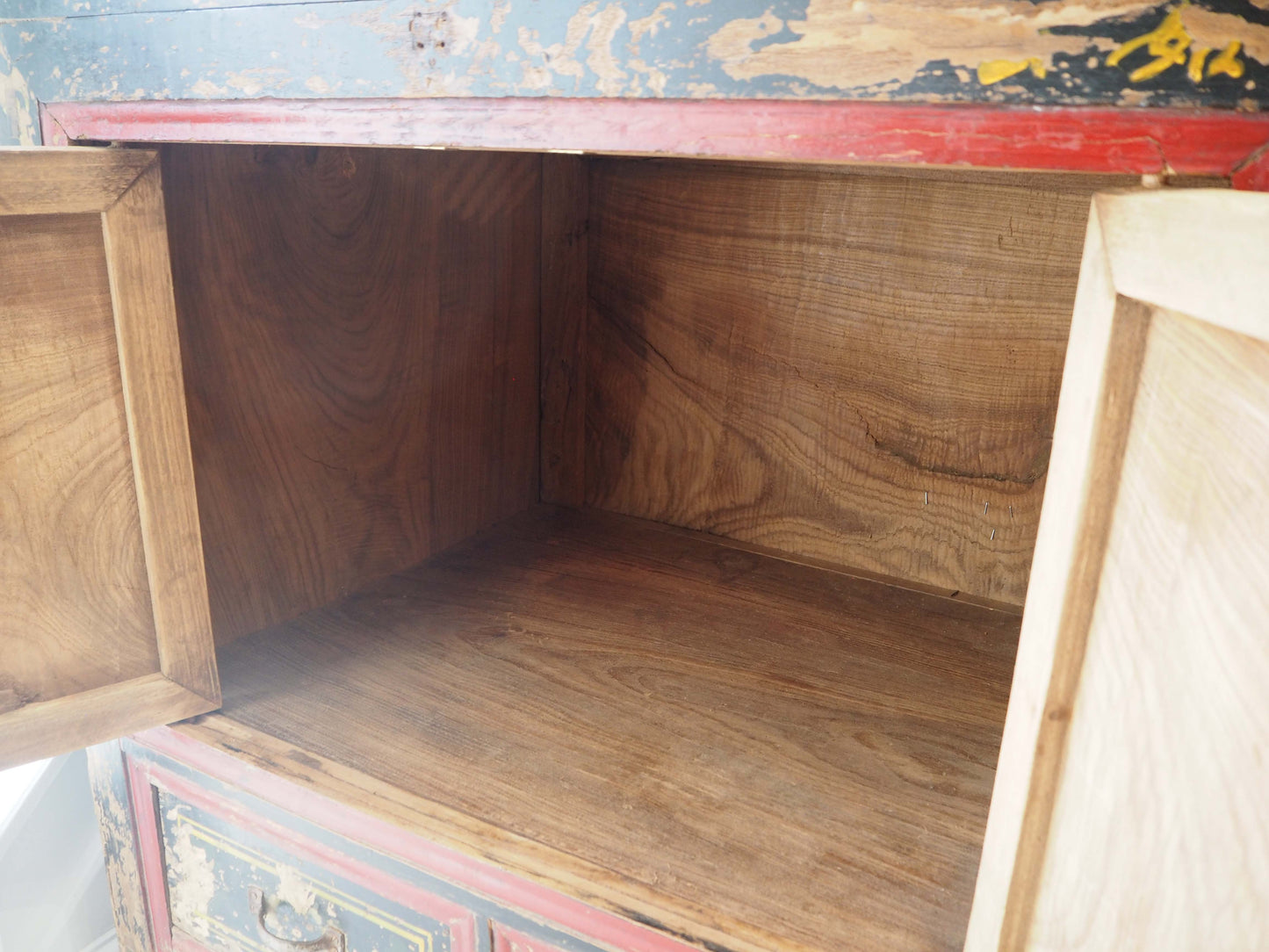 Antique Chinese 19th-Century Hand-Painted Elm Chest / Storage Cupboard