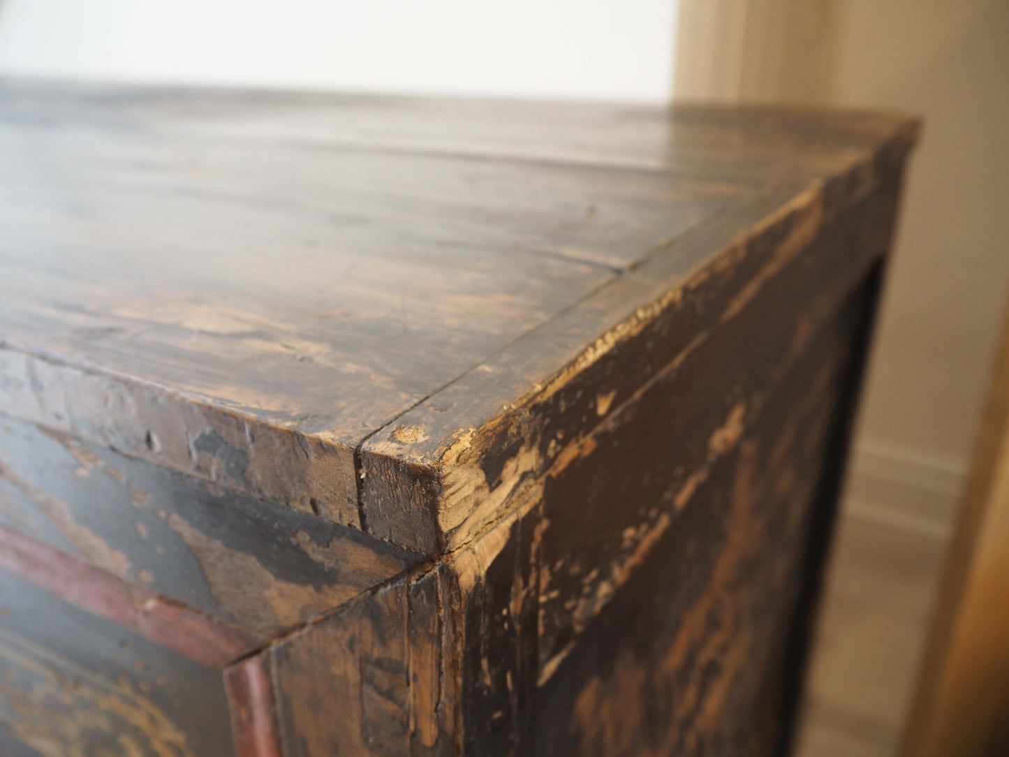 Antique Chinese 19th-Century Hand-Painted Elm Chest / Storage Cupboard