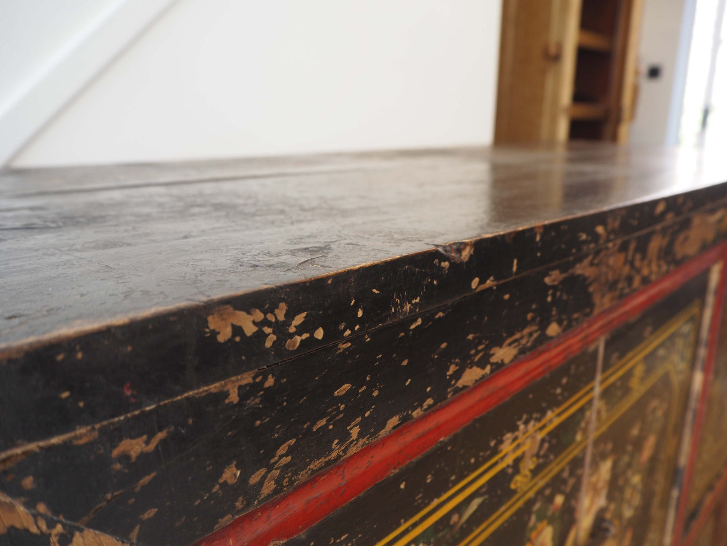 Antique Chinese 19th-Century Hand-Painted Elm Chest / Storage Cupboard