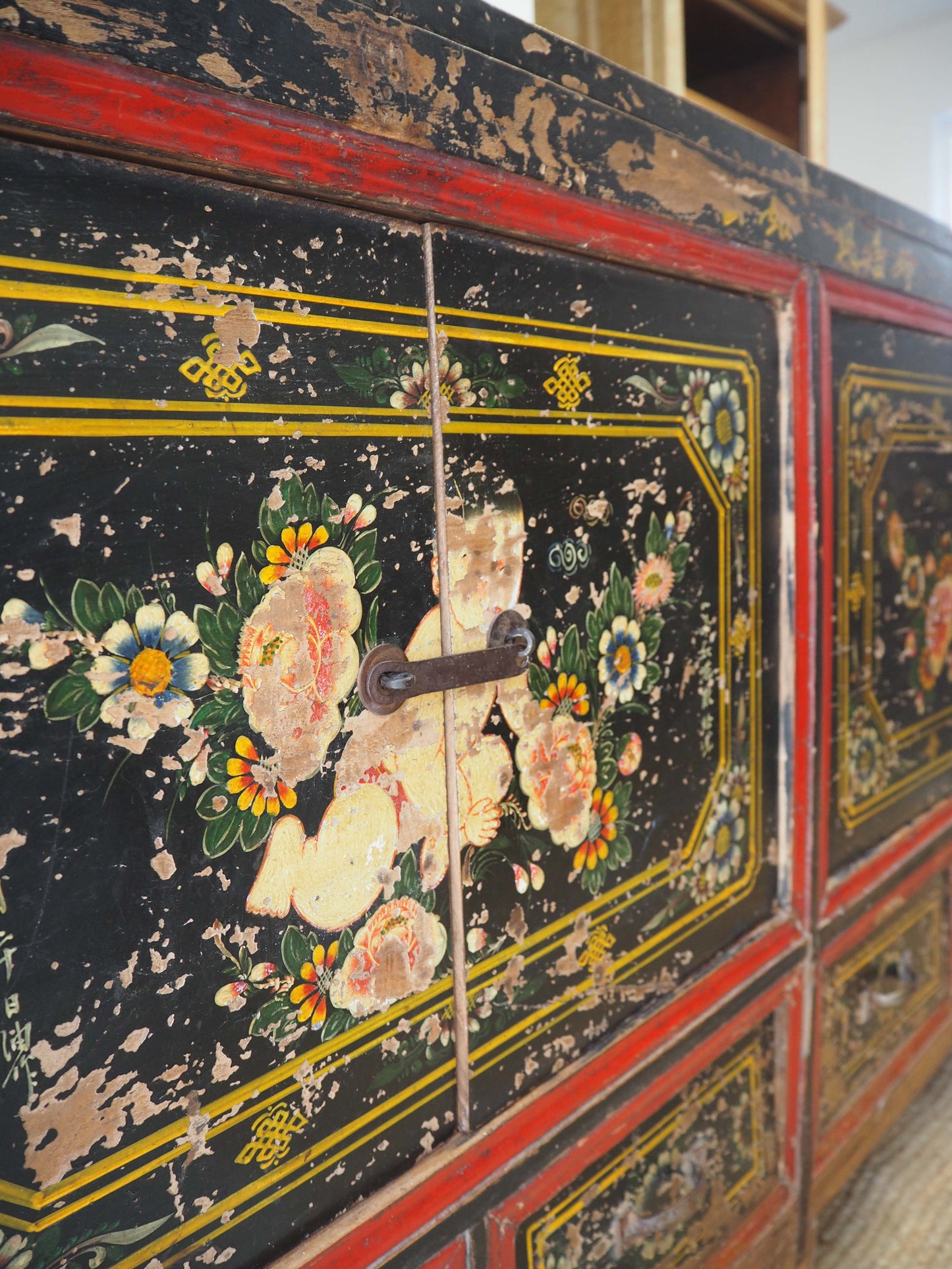 Antique Chinese 19th-Century Hand-Painted Elm Chest / Storage Cupboard