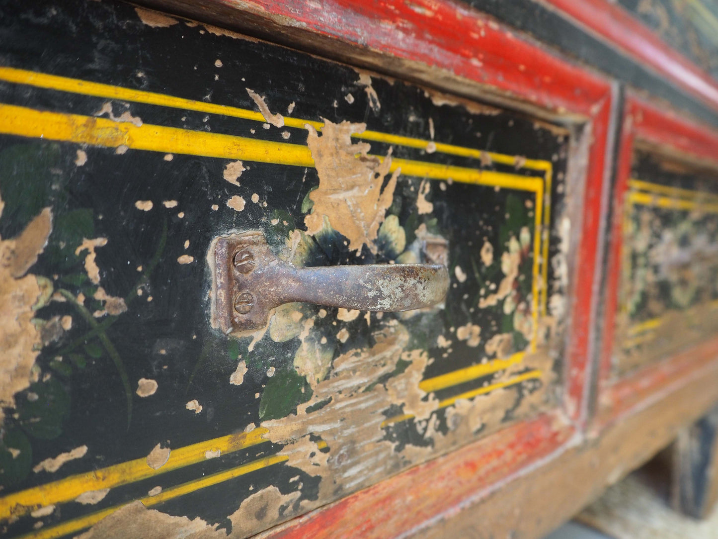 Antique Chinese 19th-Century Hand-Painted Elm Chest / Storage Cupboard