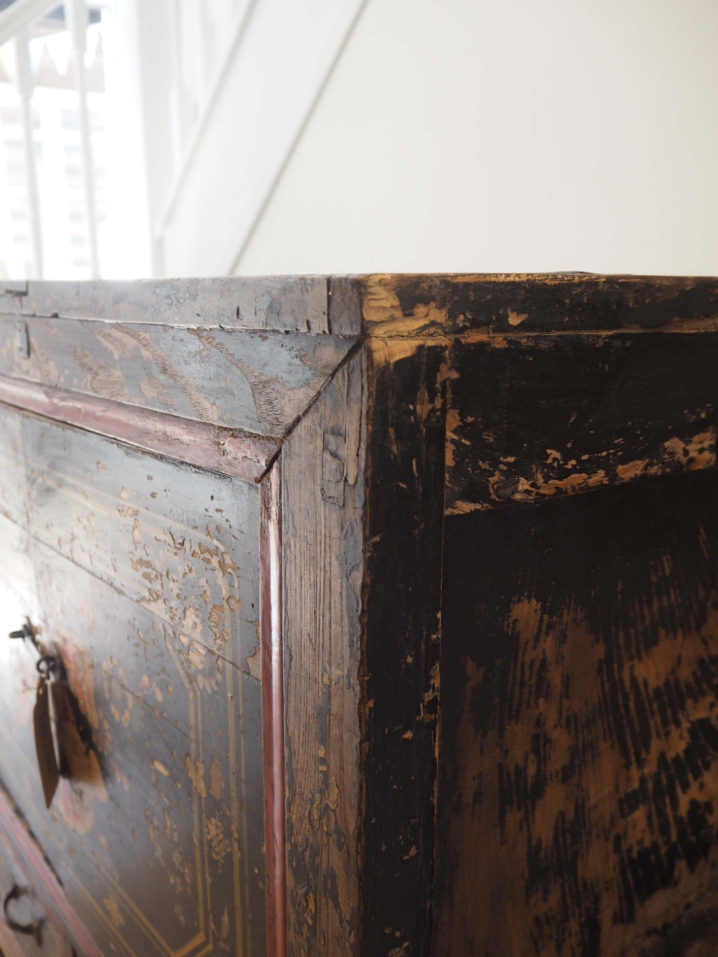 Antique Chinese 19th-Century Hand-Painted Elm Chest / Storage Cupboard